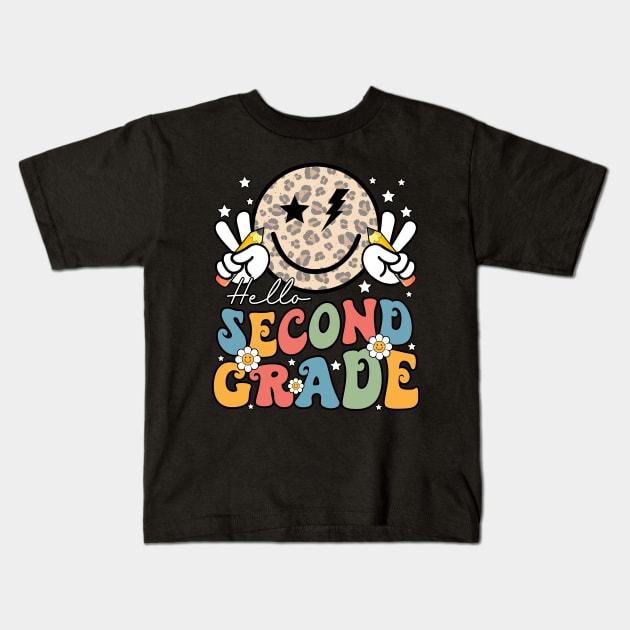 Leopard Groovy Happy Face Hello Second Grade Kids T-Shirt by Magazine